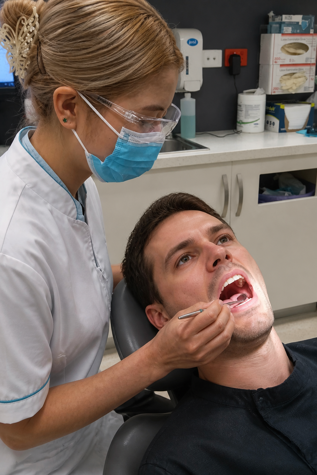 Dentist examining a patient in pain during an emergency visit