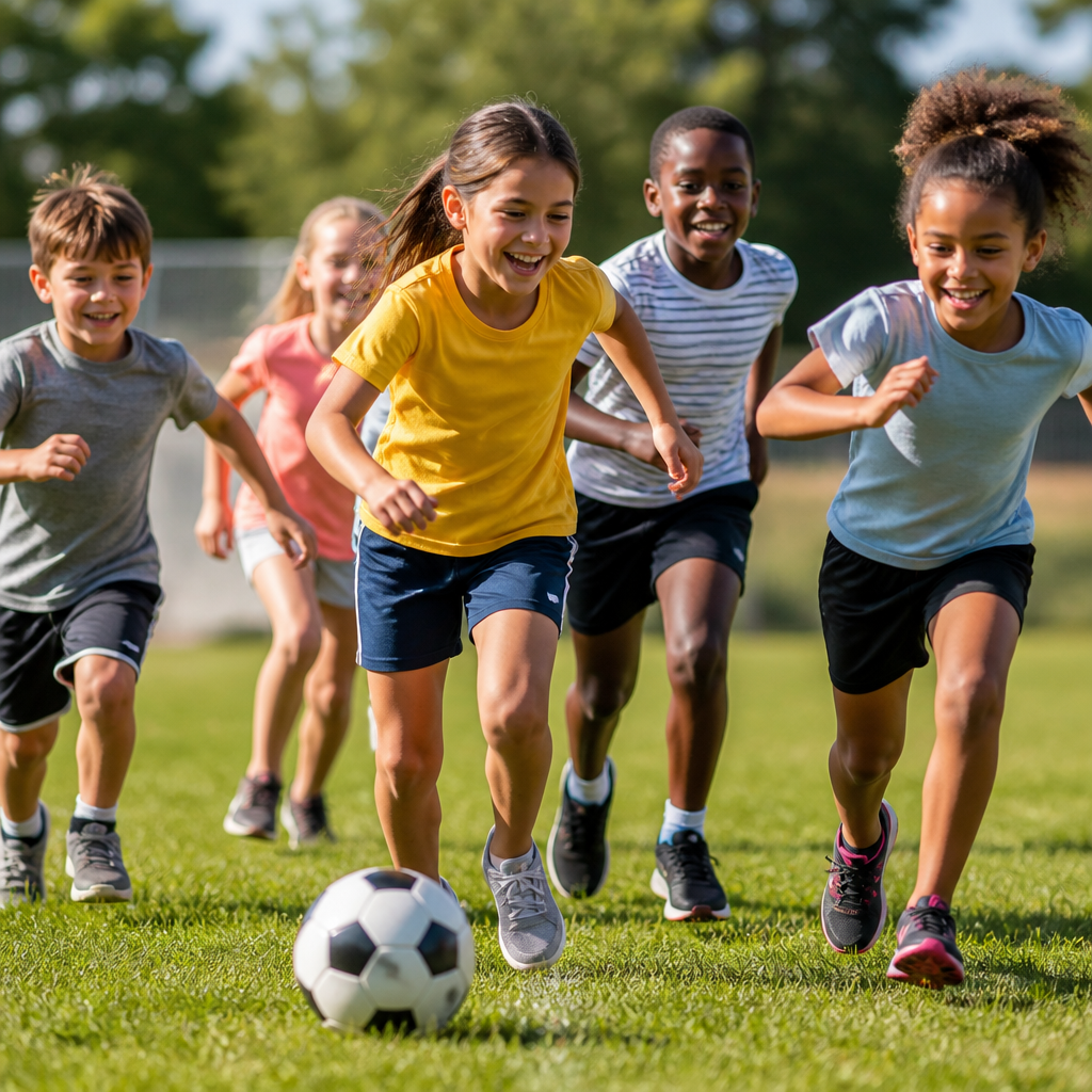 Happy kids playing soccer outdoors