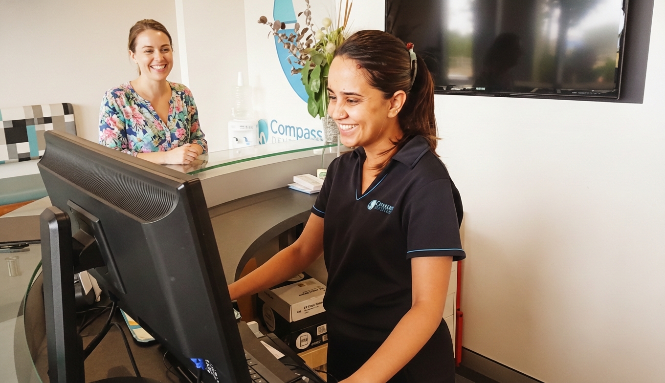 A patient being welcomed at Compass Dental reception in Parap