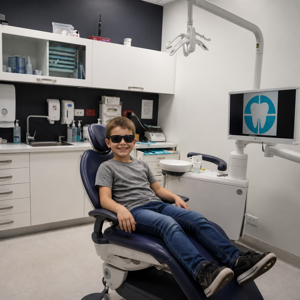 A happy young patient relaxing in the chair at Compass Dental Care