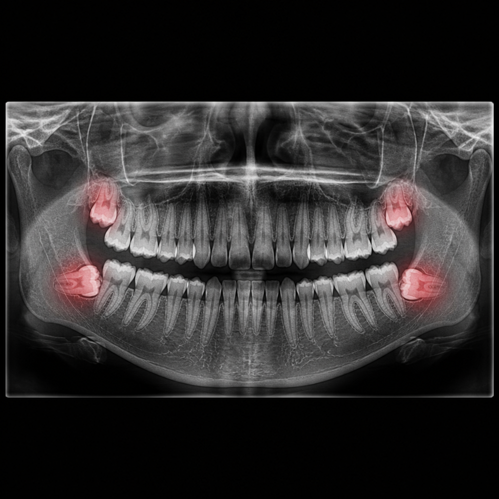 Panoramic OPG dental x-ray showing impacted wisdom teeth highlighted