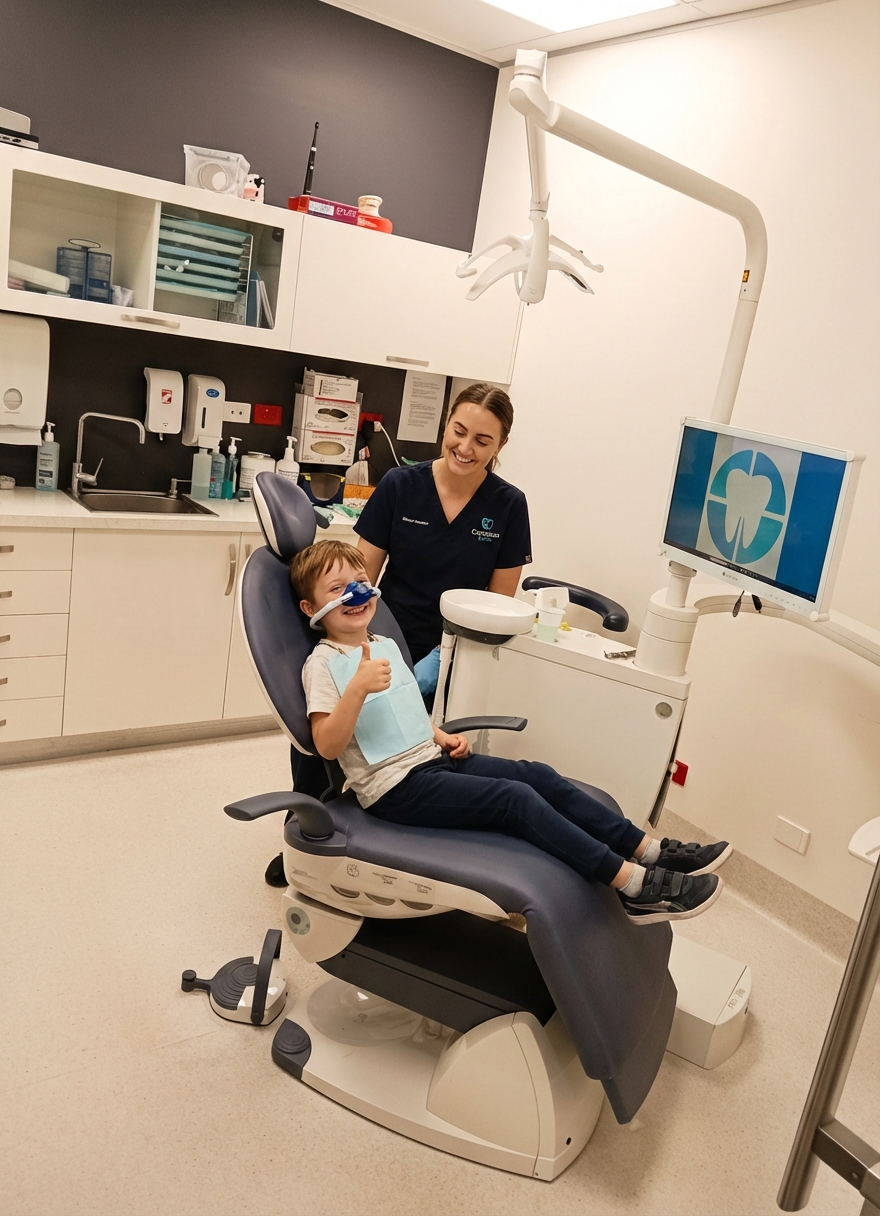 Child with happy gas at Compass Dental