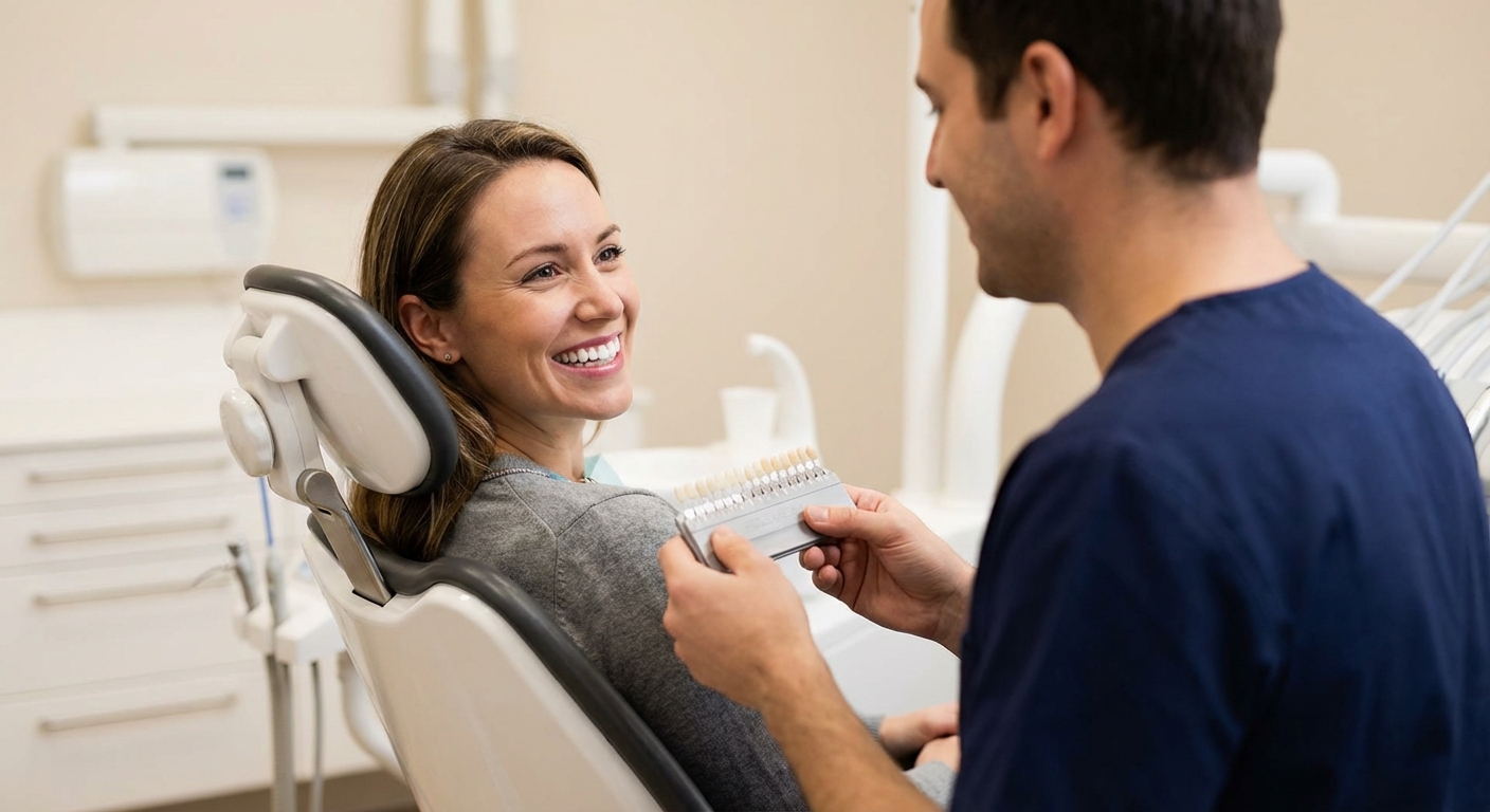 Patient smiling after teeth whitening treatment